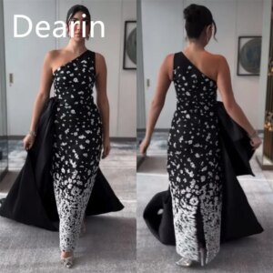 Customized Evening Dress Prom Gown Women Party Occasion Dearin One Shoulder Column Floor Length Skirts Vertically Applique Bespo