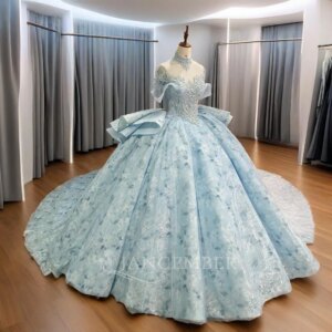 Shinning Girls Princess Blue Quinceanera Dress Pretty Floral Beading Customized Off Shoulder Corset Sweet 16 Vestido De 15