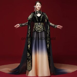 Host’s Dress: Elegant, Catwalk Temperament, Stage Performance, Chinese Style, China-Chic Studio Dress, Black, Han Fu