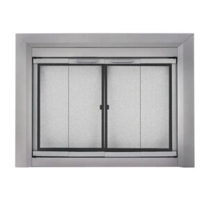 Alloy Steel Bifold Fireplace Doors Energy Efficient Magnetic Glass Skyline Nickel 37.5″x28″ 36lbs