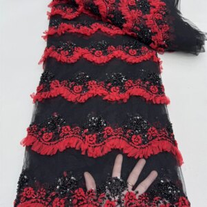Red African Beaded Net Mesh Lace Fabric 2025 Beads Embroidery Sequins French Tulle Mesh Lace for Nigerian Wedding Party Dress