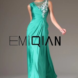 O-Neck Empire Satin Evening Gowns Evening Dress with White Applique