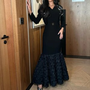 Customized Exquisite Crystal Pleat V-Neck Ankle Length Straight Vestidos Para Mujer Jersey Long Sleeves Girdling Flowers платье