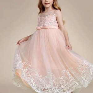 Princess Pink Sequin White Appliques With Bow Sleeveless For Wedding Birthday Party Holy Communion Gowns Flower Girl Dresses