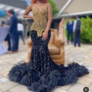 Black African American Prom Dresses Mermaid Sheer Sequins Beaded Crystals Black Girls Nigeria Robe De Soiree Evening Gowns