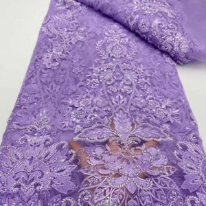 Purple Fabric Beaded French Lace Fabrics Quality 2025 African Embroidered Fabric With Beads Sequins Tulle Lace For Sewing KB4429