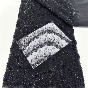 New Black Luxury African Sequins Lace Fabric 2025 High Quality French Nigerian Groom Beaded Lace Fabric for Sewing Dress, Q320-1