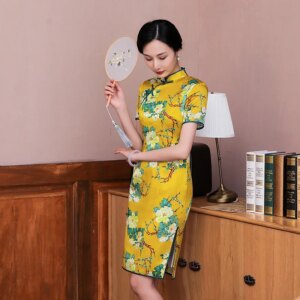 Cheongsam Qipao Women Dress Spring/Summer New High Quality Real Silk Short Sleeve Printed Slit