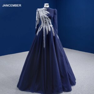 Jancember J67530 Navy Blue Muslim Dress Women High Neck A Line Long Sleeve Elegant Lace Luxurious Dubai Dress Lady Evening Dress