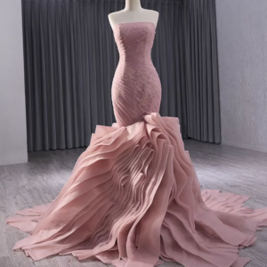Pink organza Evening dress, lace pleated Mermaid Dress