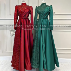 Heavily Beaded Sequins Mother of the Bride Dresses With Long Sleeves High Neck Customized Kaftan Arabic A Line Prom Dress Party