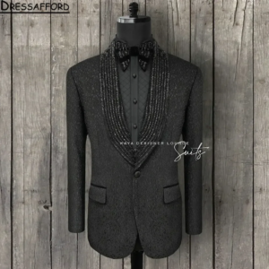 Black Beading Crystal Men Suits Jacquard Weave Groom Wedding Tuxedos 2 Pieces Sets Dinner Prom Blazers Terno Masculino Completo