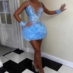 2025 Sweet Blue Women Prom Dresses Sweetheart Spaghetti Strap Above Knee Length Shiny Female Cocktail Party Mini Ball Gowns