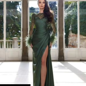Manufacturers wholesale price formal mermaid round neck beaded feather high slit pleated Saudi Arabia cocktail party evening dre