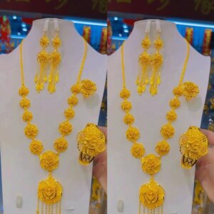 Dubai Middle East 24K Gold Plated Necklace Earrings Rings Bracelets Romantic Wedding Party Gift Jewelry Set for Lovers YY10565