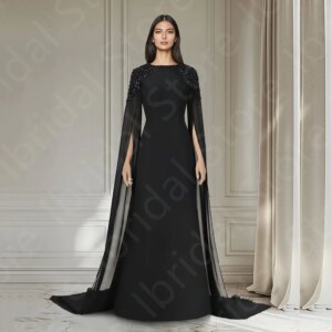 Customized 2025 New Evening Dresses Black Arabic Prom Gowns with Cape Sleeves Wedding Guest Dresses Crystal Beaded Round Neck
