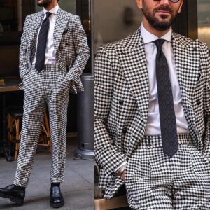Houndstooth Business Men’s Suits 2 Pieces Peak Lapel Blazer Double Breasted Customized Formal Casual Wear Party Show Suits