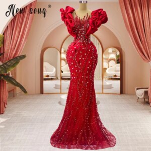 Luxury Red Long Prom Dress Beaded Mermaid Ruffles Sleeve Evening Dresses Arabic Formal Celebrity Dress Robe de Mariée Customized