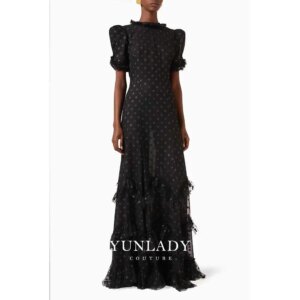 YUNLAN Customized Black Lady Chiffon Evening Dress Sexy Short Sleeve Tulle Perspective Sense Long Dress 2025 Dubai Ball Gown