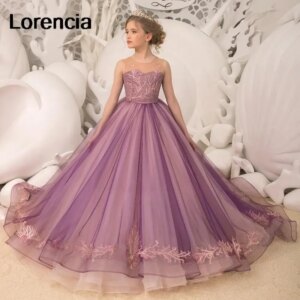 Lorencia Customized Flower Girl Dress For Weddings Tulle Lace Applique Beading Kids Pageant Gown First Communion Dress YFD70