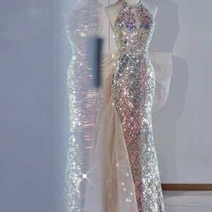 Sequin Halter Evening Dresses Luxury Strapless Bow Trailing Pleated Mermaid Graduation Host Party Celebrity Gowns Annual Meeting