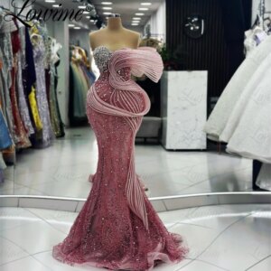 2024 Pink Aso Ebi Crystal Prom Dress Pearls Sequined Arabic Evening Dress Party Second Reception Engagement Gowns Robe De Soiree