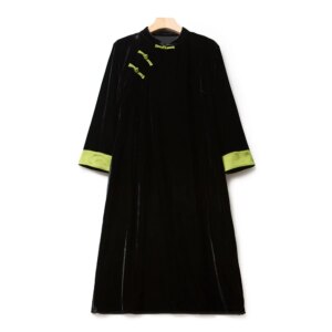 Improved Cheongsam Dress Crossbody Contrast Color Plate Mid-Length Loose Split 3/4 Sleeve Temperament