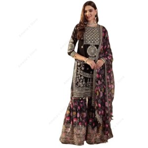 Women’s Vintage Indian Heavy Embroidered Georgette Punjabi Suit Sequins 3 PCS Set Tunic Pants Dupatta for Wedding Festival Party