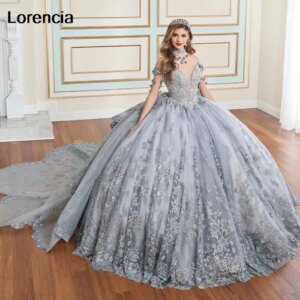 Customized Silver Quinceanera Dress Ball Gown Shiny Lace Applique Beaded Tiered Train Sweet 16 Vestidos De 15 Años YQD982