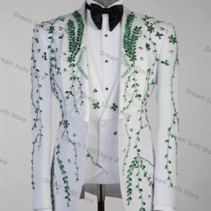 Crystals Men Suit Pants Set 2 Piece White Blazer+Black Trousers Customized Formal Office Jacket Groom Wedding Tuxedos Prom Coat