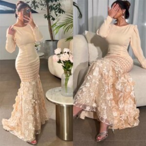 Customized Evening Jersey Draped Pleat Applique Christmas Mermaid O-Neck Bespoke Occasion Gown Long Dresses