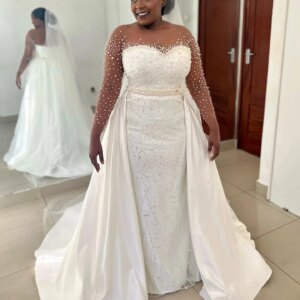 Elegant Mermaid Wedding Dress with Full Sleeves and Detachable Pearl Train Ivory Sheer Neck Bridal Gowns Dresses