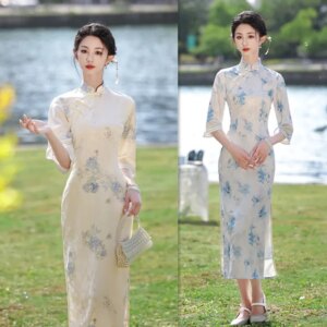 Old Shanghai Retro Chinese Style Traditional Long Mid-Sleeve Cheongsam Qi Pao Autumn New Middle-Aged and Elderly Women