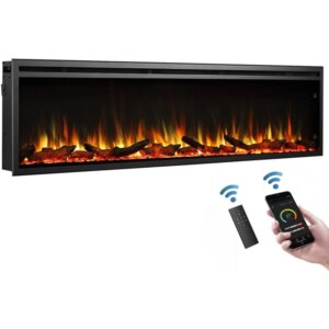 Wall Mounted Electric Fireplace with Flame Effect and Timer, 72 Inch, 5.78″D X 72″W X 18.91″H Embedded Fireplace Heater