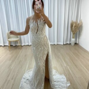 MYMB new Exclusive White Strapless Tulle Long Wedding Party Dress Arabic Luxury Beaded Mermaid Slit Prom Party Gowns for Women