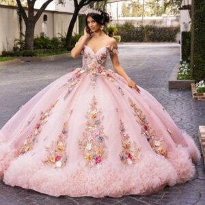 Pink Quinceanera Dresses Ball Gown Off The Shoulder Applique Flower Beading Crystal Tiered Tull Party Birthday Sweet 16 Dress