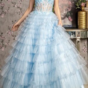 NB52 Customized Light Blue Prom Dresses Long V Neck Lace Applique Tiered Skirt Women Formal Evening Dress Sweet 15 Quinceanera