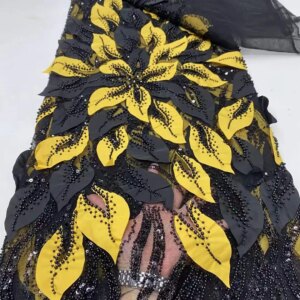2025 New African French Nigerian High End Lace Fabric 3D With Beads Sequins Mesh for Embroidery Wedding Party Bride Sewing Dress