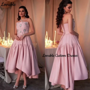 Customized فساتين سهرة A-Line Strapless Tea-Length Luxury Evening Dresses Beadings Zipper Up Sleeveless Dresses For Prom