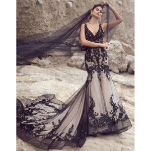V Neck Mermaid Lace Evening Dresses Backless Bridal Dress With Sweep Train Customized
