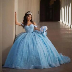 Sparkly Quinceanera Dresses Blue Grils Sweet 15 16 Birthday Party Gown 2024 Off Shoulder Sweetheart Backless Beading Miss