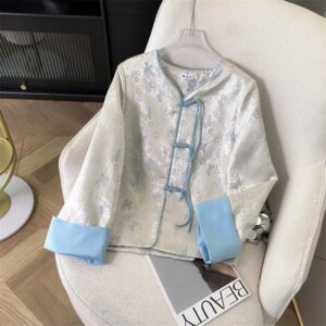 New Chinese coat national style disc blue satin jacquard niche design