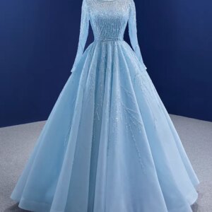 O-Nit bead Evening dress, Blue Dress with Long Sleeve