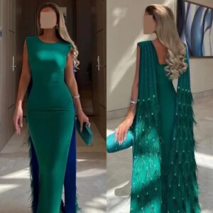 Customized Jersey Feather Formal Sheath O-Neck Bespoke Occasion Gown Midi Dresses Saudi Arabia