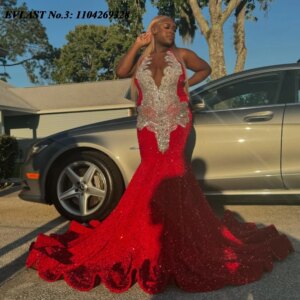 EVLAST Customized Luxury Red Sequins Prom Dress 2025 Rhinestone Beaded For Black Girls Mermaid Formal Birthday Party Gown E3P192