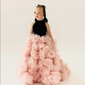 Luxury Customized Bow Flower Girl Dresses High Neck Wedding Party Dress Flowers Princess Birthday Dress First Communion Gown