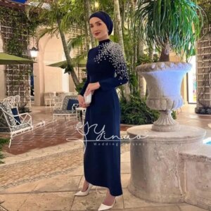 customized Arab Women’s Evening Gown Long Sleeve High Neck Beaded Crystal Jersey Vintage Vestido De Fiesta Elegante Para Mujer