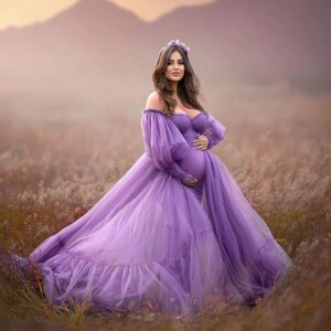 Purple Tulle Maternity Photoshoot Dress with Lining Empire Waist Prom Gown Women Long Sleeves Baby Shower Dresses Formal Wear