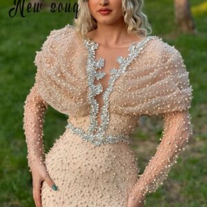 Unique Design Pearls Light Champagne Evening Dress Luxury Mermaid Caped Celebrity Red Carpet Dress Formal Prom Dress Customized