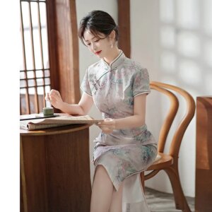 New Western Style Pink Girl Young Cheongsam Republic of China Mid-Length Overknee Double Layer Chinese Dress